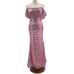 FORMAL SZ 0 XS pink sequin off shoulder maxi mermaid prom maxi dress NEW B134